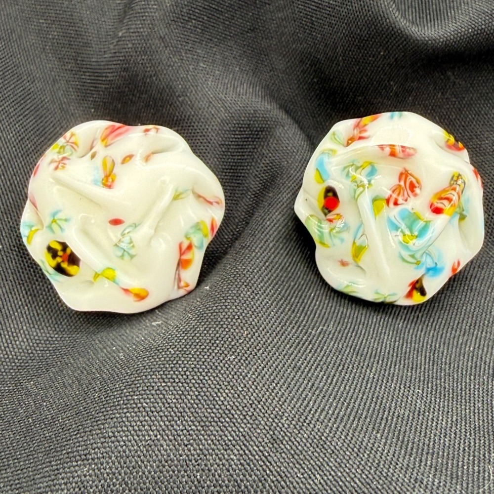 Vintage Japan Milk Glass Confetti Millefiori Clip On Earrings Multi Color White